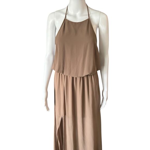 SHOW ME YOUR MUMU HEATHER CHIFFON HALTER DRESS GOWN SZ S TAN STRETCH LAYERED - Picture 2 of 10